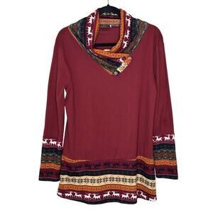Miusey Burgundy Red Fair Isle Tunic Long Sleeve Cowl Neck Holidays Casual L